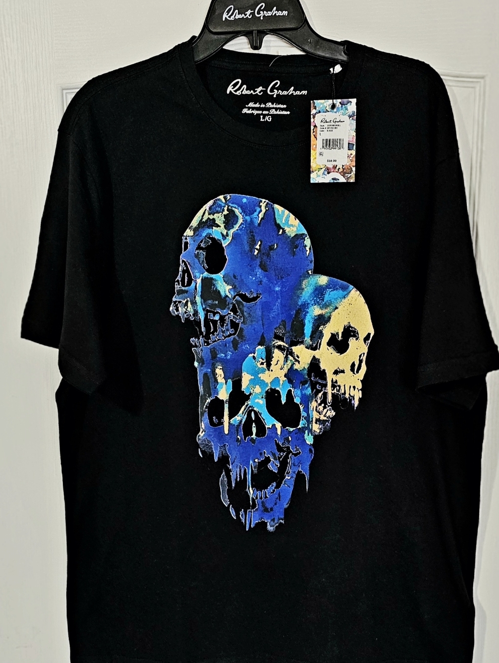 Robert Graham Black Short-Sleeve Tee with Blue & Yellow Skull Graphic